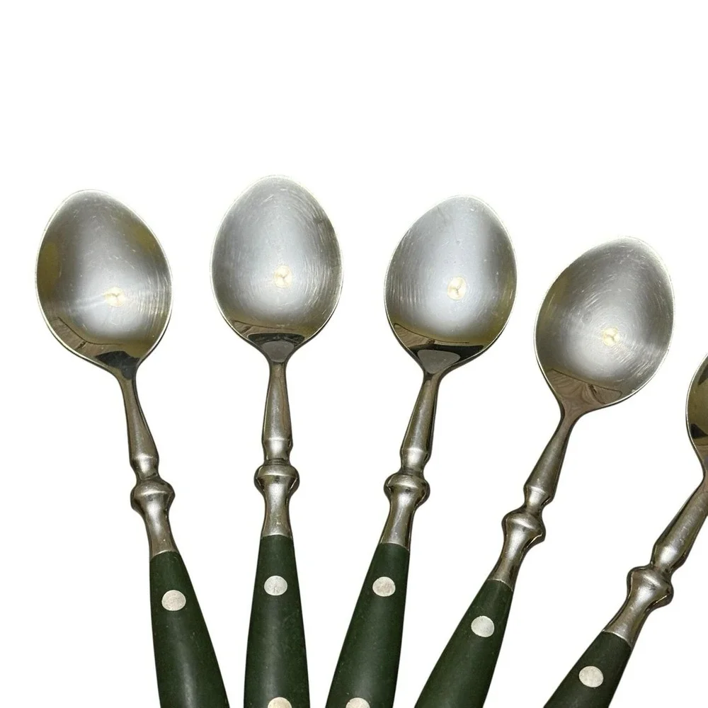 Set 7 Stainless Steel Teaspoons Green Rivet Handle Flatware Vintage